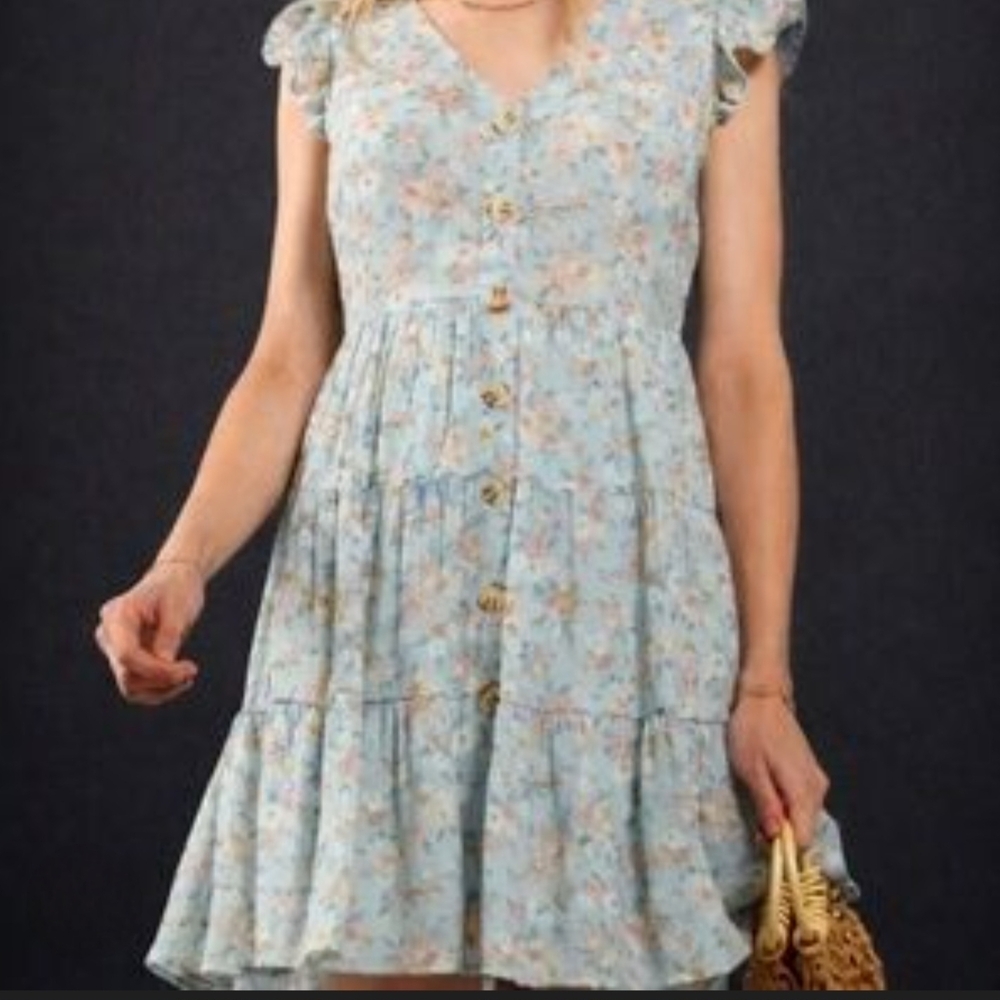 Mine Light Blue Floral Button-Front Summer Dress Sz M